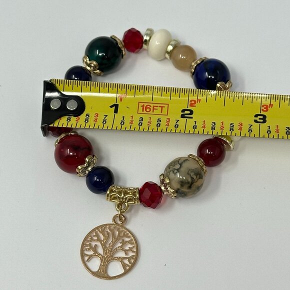 Tree of Life Beaded Stretch Bracelet Blue Red White Gold Tone Pendant - Picture 7 of 7